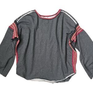 Natural Life Knit Trim Sweatshirt Womens L/XL Grey Red Pullover Boxy Fit Boho
